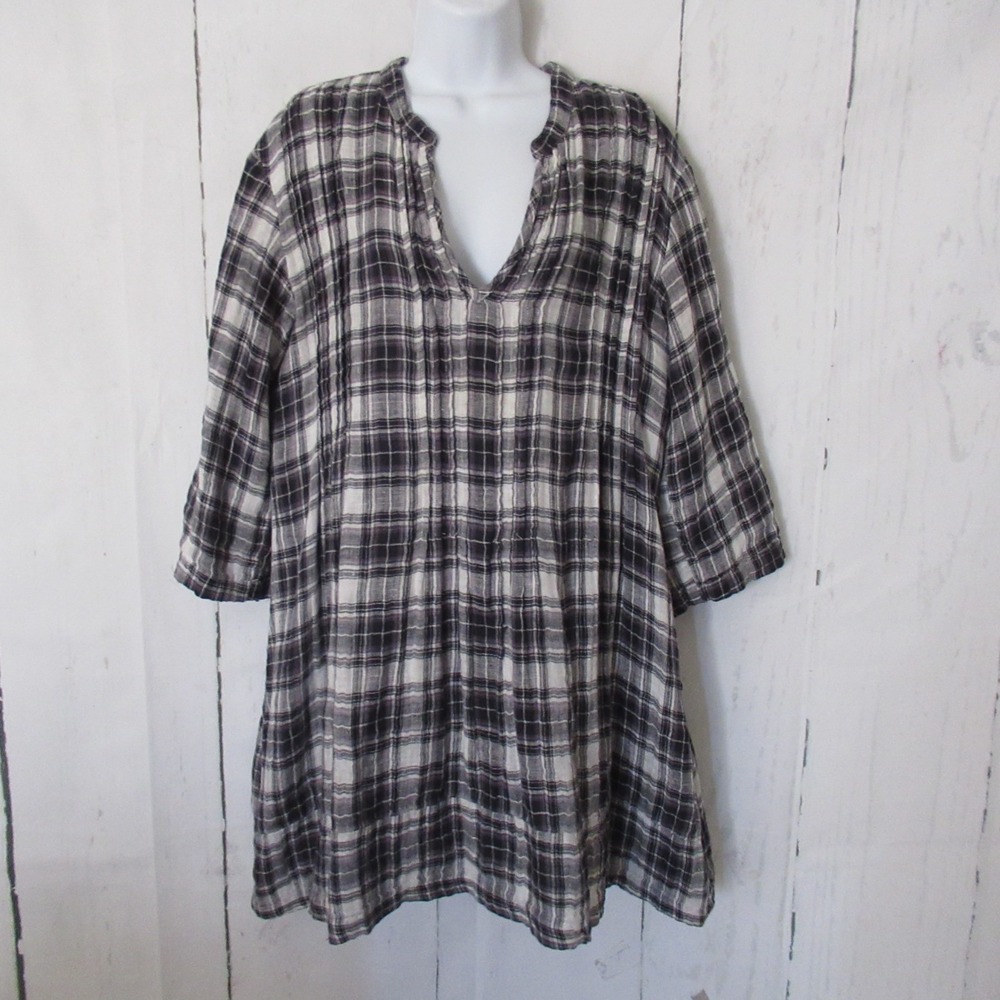 CP Shades Dress M Black Plaid Shirt 3/4‎ Sleeve Roll Tab Popover Lagenlook